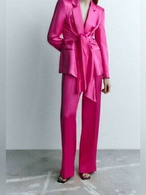 Zara Satin effect Fuchsia Pantsuit set NWT Size M